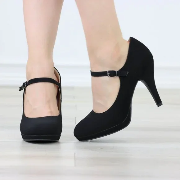 Black Rockabilly High Heels Ankle Strap Round Toe Classic Pumps Nubuck - Picture 10 of 12